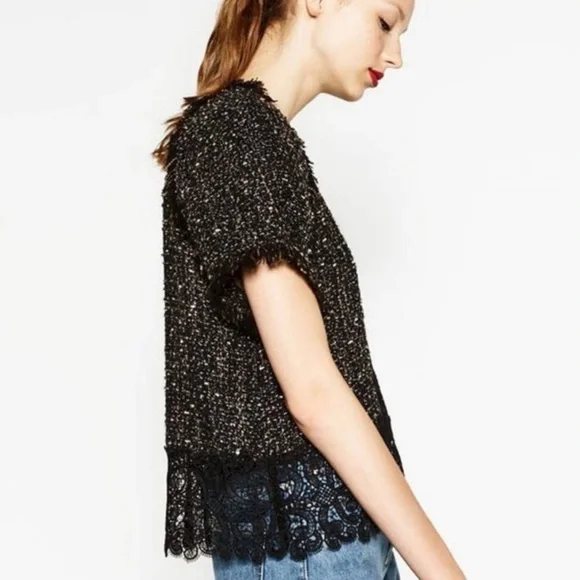 Zara Tweed & Lace Textured Short Sleeve Raw Hem Top Black Size Small - Picture 2 of 12